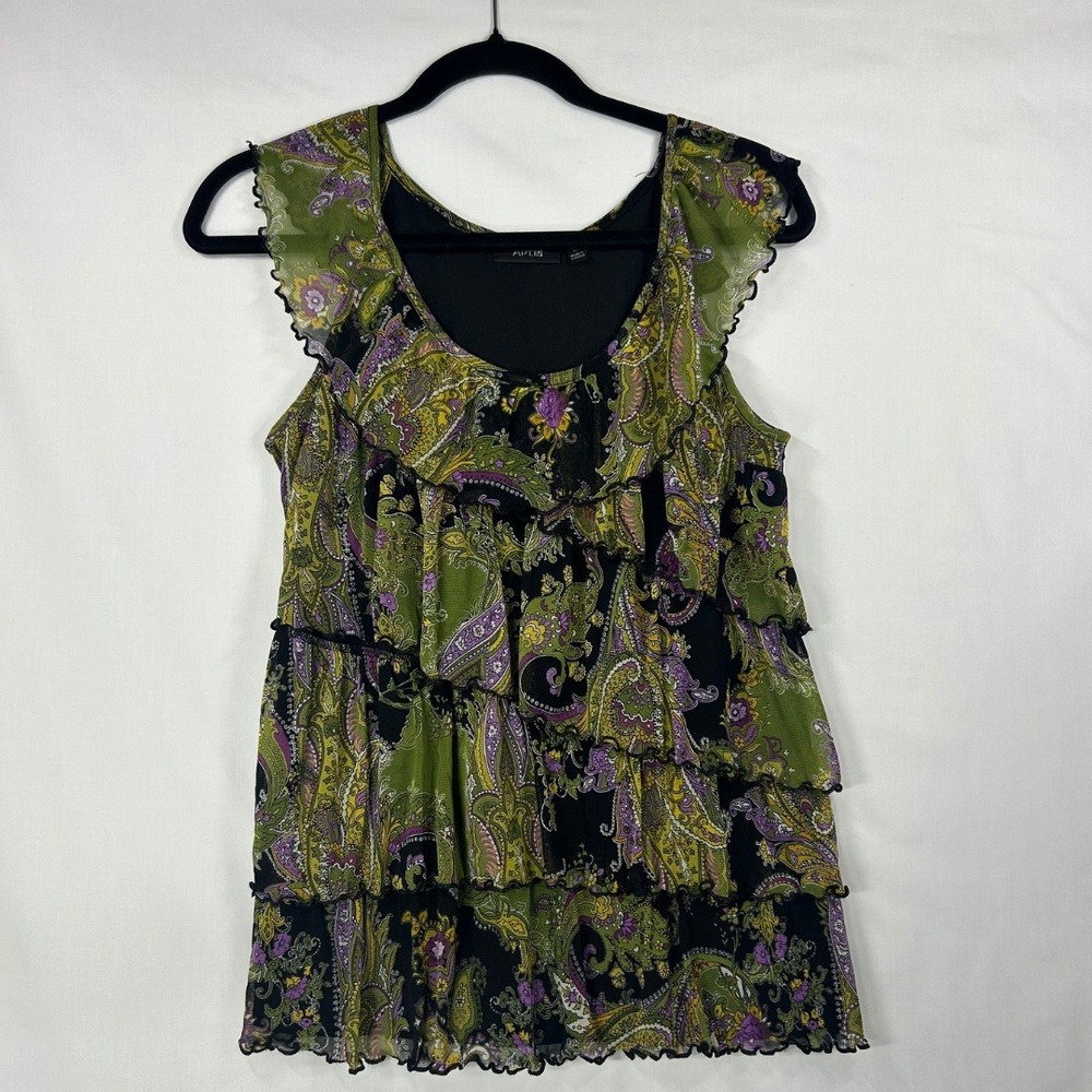 Apt. 9 Green & Purple Paisley Mesh Ruffle Layered Blouse Y2K Indie Sleeveless M
